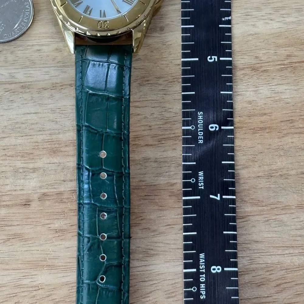 LOFT Gold Tone Green Croc Leather Band Watch Mother Of Pearl Face NWOT